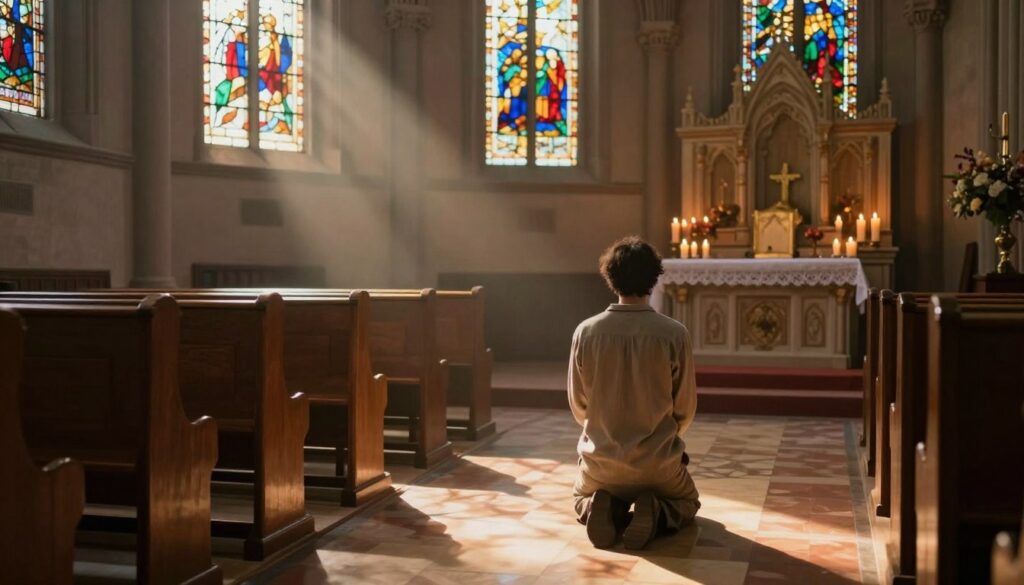 A serene church interior enveloped in soft, ethereal light, symbolizing peace and spiritual reflection. In the foreground, a solitary figure kneels in quiet prayer, dressed in modest, casual clothing, embodying a sense of humility and devotion. The middle ground features elegant wooden pews lined up neatly, gently illuminated by golden rays streaming through stained-glass windows, casting colorful patterns on the floor. In the background, a beautifully adorned altar, radiating warmth, surrounded by flickering candles, adds to the tranquil atmosphere. The overall mood is calm and introspective, inviting viewers to connect with the theme of prayer and spiritual searching within a dreamlike setting. The image captures the essence of seeking solace and enlightenment in a sacred space.