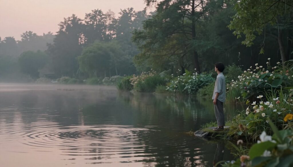 A serene dreamlike scene depicting the symbolism of water in dreams. In the foreground, a calm lake reflects the soft hues of twilight, with gentle ripples suggesting unseen movements beneath the surface. Beside the water, a person in modest casual attire stands contemplatively, gazing at the lake, embodying a sense of introspection. The middle ground features lush greenery and delicate flowers, enhancing the tranquil atmosphere. In the background, a misty forest of tall, ethereal trees looms, casting soft shadows. The lighting is soft and diffused, creating a peaceful and reflective mood. The angle is slightly elevated, capturing the vastness of the dreamscape while focusing on the figure's emotional connection to the water. The overall vibe is calm, inviting contemplation and exploration of water's deeper meanings in dreams.
