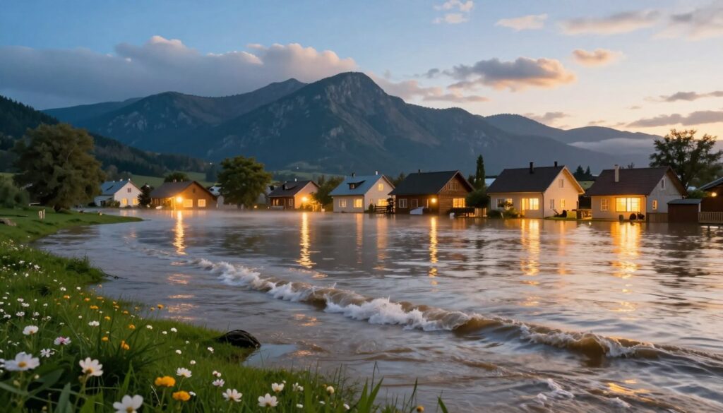 A serene scene depicting the positive aspects of a flood dream, showcasing a peaceful flood landscape. In the foreground, gentle waves lapping at a vibrant green field, dotted with blooming flowers and soft, glowing lights reflecting off the water's surface, creating a dreamlike atmosphere. The middle ground features a tranquil village with houses bathed in warm golden light, each one radiating a sense of community and safety. In the background, majestic mountains rise under a clear blue sky, symbolizing resilience and stability. Soft sunlight filters through scattered clouds, casting a warm glow over the entire scene, enhancing a feeling of hope and tranquility. The overall mood is calming, evoking a sense of reflection and emotional growth amidst chaos. Utilize a wide-angle lens to capture the vastness and beauty of this harmonious dreamscape.