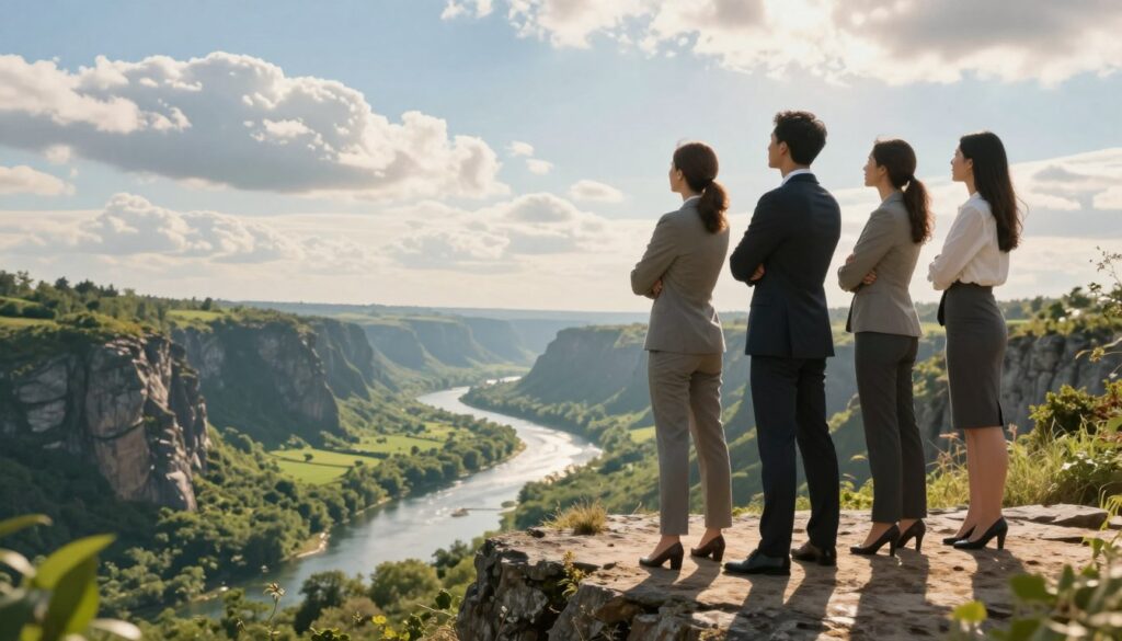 A serene scene illustrating practical tips for breaking free from limitations. In the foreground, a diverse group of three individuals dressed in professional business attire, standing confidently with arms crossed, gazing towards the horizon. They are positioned on a rocky cliff ledge that represents a transition from confinement to freedom. The middle ground features a lush, green valley below, symbolizing growth and opportunities, with a winding river reflecting the sunlight. In the background, a bright blue sky filled with soft, fluffy clouds suggests a sense of hope and new beginnings. The lighting is warm and inviting, casting gentle shadows that add depth. The mood is inspiring and uplifting, encouraging viewers to visualize their own paths to liberation. A serene scene illustrating practical tips for breaking free from limitations. In the foreground, a diverse group of three individuals dressed in professional business attire, standing confidently with arms crossed, gazing towards the horizon. They are positioned on a rocky cliff ledge that represents a transition from confinement to freedom. The middle ground features a lush, green valley below, symbolizing growth and opportunities, with a winding river reflecting the sunlight. In the background, a bright blue sky filled with soft, fluffy clouds suggests a sense of hope and new beginnings. The lighting is warm and inviting, casting gentle shadows that add depth. The mood is inspiring and uplifting, encouraging viewers to visualize their own paths to liberation.