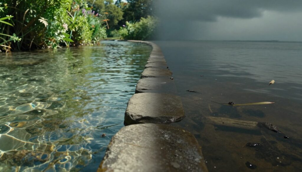 A serene split image showcasing two contrasting waters—on the left, crystal clear water with gentle ripples reflecting sunlight, surrounded by vibrant green foliage and delicate flowers, exuding a sense of tranquility and purity. On the right, murky, dark water filled with debris and shadows, creating a feeling of unease and decay, with muted, earthy tones. In the foreground, a smooth stone path leads to both water bodies, symbolizing choice and reflection. The background features a transition from bright daytime on the clear side to a gloomy overcast sky on the dirty water side, adding depth and drama. Soft, diffused lighting enhances the contrast between the two waters, creating an introspective mood, evoking thoughts on the significance of cleanliness versus filth in dreams.