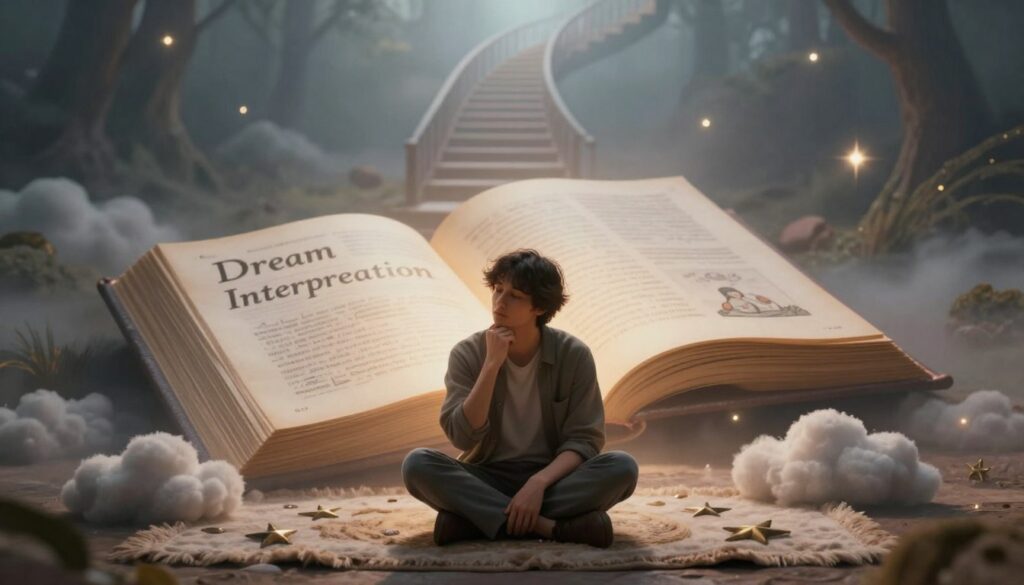 A serene yet thought-provoking scene depicting the interpretation of dreams in the context of personal life. In the foreground, a thoughtful person in modest casual clothing sits cross-legged on a plush rug, surrounded by dream-related symbols like clouds and stars. The middle ground features a large, open book labeled "Dream Interpretation" with illustrated pages, glowing softly as if inviting exploration. In the background, an ethereal landscape shows a descending spiral staircase fading into mist, representing the fear of failure, hinting at a journey into the subconscious. Soft, warm lighting creates an inviting atmosphere, highlighting the person’s contemplative expression. The composition is framed with a gently blurred vignette, emphasizing introspection and emotion.