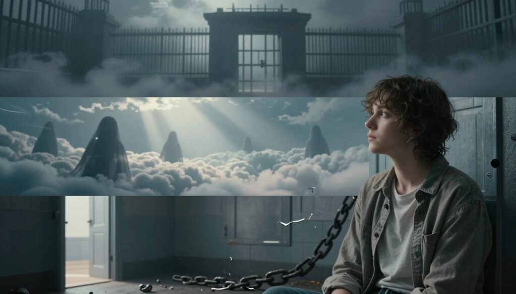 A series of diverse dream interpretations featuring a prison theme, depicted in a split-composition format. In the foreground, a person in modest casual clothing looks contemplative, surrounded by surreal symbols of freedom such as broken chains and open doors. The middle layer showcases a combination of dreamlike elements: ghostly silhouettes evoking feelings of confinement, intertwined with ethereal landscapes suggesting hope—like clouds and beams of light. In the background, an imposing, shadowy prison structure looms, partially shrouded in mist, enhancing the atmosphere of introspection. Soft lighting creates an enigmatic mood, with a gentle focus on the individual's expression, highlighting the contrast between restriction and liberation. The overall ambiance conveys a dreamlike quality, inviting contemplation of the emotional complexities related to feelings of limitation. A series of diverse dream interpretations featuring a prison theme, depicted in a split-composition format. In the foreground, a person in modest casual clothing looks contemplative, surrounded by surreal symbols of freedom such as broken chains and open doors. The middle layer showcases a combination of dreamlike elements: ghostly silhouettes evoking feelings of confinement, intertwined with ethereal landscapes suggesting hope—like clouds and beams of light. In the background, an imposing, shadowy prison structure looms, partially shrouded in mist, enhancing the atmosphere of introspection. Soft lighting creates an enigmatic mood, with a gentle focus on the individual's expression, highlighting the contrast between restriction and liberation. The overall ambiance conveys a dreamlike quality, inviting contemplation of the emotional complexities related to feelings of limitation.