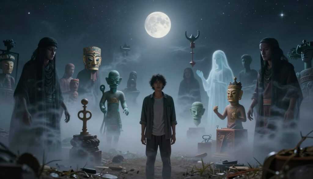 A surreal and introspective dreamscape illustrating the cultural interpretations of possession in dreams. In the foreground, a figure in modest casual clothing stands amid swirling, ethereal shadows that represent inner demons, their expressions conveying a blend of fear and determination. In the middle ground, various symbolic elements from multiple cultures—like masks, ancient ritual artifacts, and translucent spirits—emerge, each representing different beliefs about possession. In the background, a dark, starry night sky culminates in a shimmering moon, casting a soft, otherworldly glow over the scene. The composition should create a haunting yet contemplative atmosphere, inviting viewers to reflect on the concept of battling one’s internal struggles. Utilize soft lighting to enhance the dreamlike quality, shot from a slightly elevated angle to create depth. A surreal and introspective dreamscape illustrating the cultural interpretations of possession in dreams. In the foreground, a figure in modest casual clothing stands amid swirling, ethereal shadows that represent inner demons, their expressions conveying a blend of fear and determination. In the middle ground, various symbolic elements from multiple cultures—like masks, ancient ritual artifacts, and translucent spirits—emerge, each representing different beliefs about possession. In the background, a dark, starry night sky culminates in a shimmering moon, casting a soft, otherworldly glow over the scene. The composition should create a haunting yet contemplative atmosphere, inviting viewers to reflect on the concept of battling one’s internal struggles. Utilize soft lighting to enhance the dreamlike quality, shot from a slightly elevated angle to create depth.