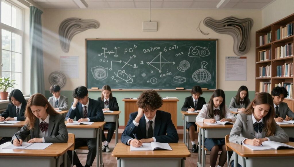 A surreal classroom scene representing "school" in various dreamlike contexts. In the foreground, a diverse group of students sits at desks, dressed in professional attire, looking anxious as they take an exam. The middle ground features an oversized chalkboard with whimsical drawings of mathematical equations and abstract concepts illustrating stress. In the background, the walls are adorned with bookshelves that seem to warp and bend, symbolizing the pressure of academic expectations. The lighting is soft, with ethereal beams streaming through large windows, casting a dreamy glow. Use a wide-angle lens to capture this three-dimensional depth and an overall mood of tension mixed with an otherworldly atmosphere, reflecting the complexity of school experiences in dreams. A surreal classroom scene representing "school" in various dreamlike contexts. In the foreground, a diverse group of students sits at desks, dressed in professional attire, looking anxious as they take an exam. The middle ground features an oversized chalkboard with whimsical drawings of mathematical equations and abstract concepts illustrating stress. In the background, the walls are adorned with bookshelves that seem to warp and bend, symbolizing the pressure of academic expectations. The lighting is soft, with ethereal beams streaming through large windows, casting a dreamy glow. Use a wide-angle lens to capture this three-dimensional depth and an overall mood of tension mixed with an otherworldly atmosphere, reflecting the complexity of school experiences in dreams.
