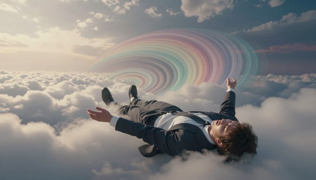 A surreal depiction of a person falling through a dreamscape, surrounded by swirling clouds and abstract shapes, symbolizing the fear of failure. The foreground features a figure in professional attire, arms outstretched, with a serene yet anxious expression, capturing the essence of vulnerability. In the middle, a cascade of soft, ethereal colors blends into spiraling patterns that evoke a sense of depth and disorientation. The background showcases a celestial sky transitioning from bright daylight to dark twilight, enhancing the dreamlike quality. Soft, diffused lighting illuminates the scene, creating an ambient glow that fosters a contemplative mood. The angle is slightly tilted to emphasize the sensation of falling, while ensuring the composition remains harmonious and engaging.