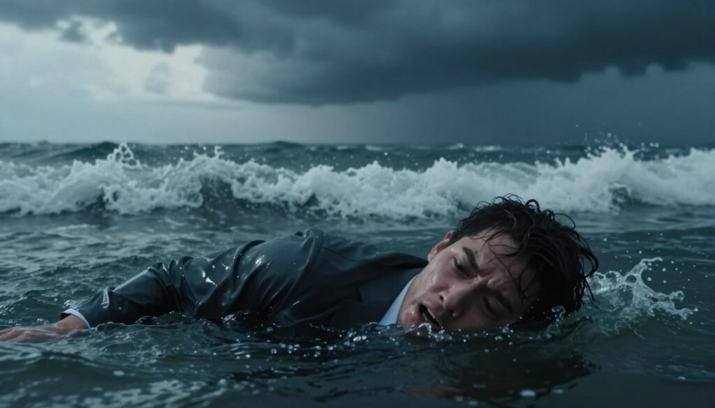 A surreal depiction of a person struggling to stay afloat in a dark, turbulent ocean, embodying the feeling of being overwhelmed by emotions and stress. The foreground features a close-up of the person's face, showing a mixture of fear and determination, wearing modest, professional clothing. The middle ground presents crashing waves, splashing water droplets glistening under a moody, dim light. In the background, ominous storm clouds loom, casting a shadowy atmosphere that conveys inner turmoil. The overall color palette includes deep blues and dark grays, creating a somber mood. The composition emphasizes the emotional weight of the scene, capturing the essence of drowning in overwhelming feelings, while the lighting adds a dramatic touch. A surreal depiction of a person struggling to stay afloat in a dark, turbulent ocean, embodying the feeling of being overwhelmed by emotions and stress. The foreground features a close-up of the person's face, showing a mixture of fear and determination, wearing modest, professional clothing. The middle ground presents crashing waves, splashing water droplets glistening under a moody, dim light. In the background, ominous storm clouds loom, casting a shadowy atmosphere that conveys inner turmoil. The overall color palette includes deep blues and dark grays, creating a somber mood. The composition emphasizes the emotional weight of the scene, capturing the essence of drowning in overwhelming feelings, while the lighting adds a dramatic touch.