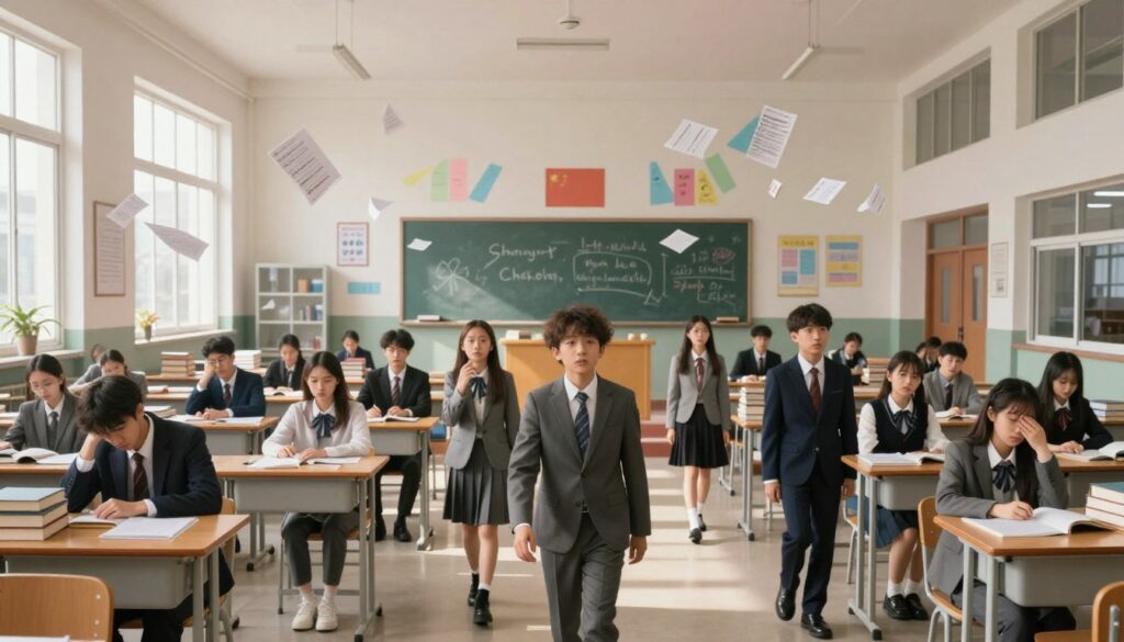 A surreal dreamscape depicting a vast school setting that symbolizes interpretation of dreams about school. In the foreground, a group of diverse students dressed in professional business attire, looking anxious yet determined as they enter an imposing school building. The middle ground features a large classroom filled with desks, all stacked with textbooks and papers. In the background, an expansive skyline of colorful chalkboards and floating exam papers, adding a whimsical touch that symbolizes academic stress. Soft, ethereal lighting filters through the windows, casting gentle shadows, creating a dreamlike atmosphere. The mood is a blend of tension and hope, suggesting both the pressures of exams and the potential for growth and learning. The image should be carefully composed with a wide-angle lens to capture both detail and depth, evoking a thoughtful reflection on educational experiences in dreams. A surreal dreamscape depicting a vast school setting that symbolizes interpretation of dreams about school. In the foreground, a group of diverse students dressed in professional business attire, looking anxious yet determined as they enter an imposing school building. The middle ground features a large classroom filled with desks, all stacked with textbooks and papers. In the background, an expansive skyline of colorful chalkboards and floating exam papers, adding a whimsical touch that symbolizes academic stress. Soft, ethereal lighting filters through the windows, casting gentle shadows, creating a dreamlike atmosphere. The mood is a blend of tension and hope, suggesting both the pressures of exams and the potential for growth and learning. The image should be carefully composed with a wide-angle lens to capture both detail and depth, evoking a thoughtful reflection on educational experiences in dreams.