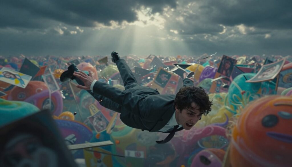 A surreal dreamscape depicting the psychological aspects of falling in a dream. In the foreground, an individual in professional attire is shown with an expression of fear and anxiety, arms outstretched as they plummet through a vibrant, abstract environment filled with swirling colors that represent emotional turmoil. In the middle ground, fragmented images of broken dreams and failures overlap, creating a sense of chaos and confusion. The background features a dark, cloudy sky illuminated by faint rays of light, symbolizing uncertainty and hope amidst despair. Use soft, diffused lighting to enhance the surreal atmosphere, shot from a slightly low angle to emphasize the height of the fall, evoking a deep sense of dread and introspection.