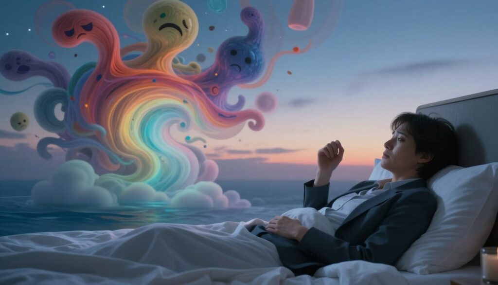 A surreal dreamscape illustrating the interplay of emotions and stress during sleep. In the foreground, a figure in professional attire sits on a bed, gazing thoughtfully at swirling dream-like imagery. Their expression conveys a mix of anxiety and introspection. The middle ground features abstract representations of chaotic emotions—vibrant colors and distorted shapes symbolizing fear, sadness, and overwhelming stress, intertwining with soft, calming elements like gentle clouds and serene waters to symbolize hope. In the background, a softly lit night sky transitions into a tranquil dawn, hinting at the possibility of resolution and peace. The overall atmosphere is a blend of tension and potential serenity, with a focus on soft, diffused lighting to create a dreamlike quality, shot from a slightly elevated angle for depth and perspective. A surreal dreamscape illustrating the interplay of emotions and stress during sleep. In the foreground, a figure in professional attire sits on a bed, gazing thoughtfully at swirling dream-like imagery. Their expression conveys a mix of anxiety and introspection. The middle ground features abstract representations of chaotic emotions—vibrant colors and distorted shapes symbolizing fear, sadness, and overwhelming stress, intertwining with soft, calming elements like gentle clouds and serene waters to symbolize hope. In the background, a softly lit night sky transitions into a tranquil dawn, hinting at the possibility of resolution and peace. The overall atmosphere is a blend of tension and potential serenity, with a focus on soft, diffused lighting to create a dreamlike quality, shot from a slightly elevated angle for depth and perspective.