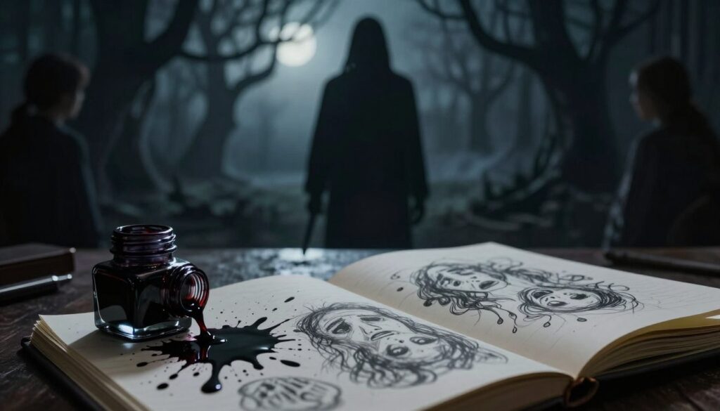 A surreal dreamscape symbolizing murder and suppressed emotions, featuring a shadowy figure standing in a dimly lit room with a dagger in hand, representing internal conflict. In the foreground, a spilled ink pot symbolizes loss of control, with dark ink splatters creating a chaotic pattern on an open journal filled with abstract sketches of faces expressing fear and confusion. The middle layer includes ghostly silhouettes of people observing from the edges, hinting at judgment and societal pressure. The background reveals a haunting landscape of twisted trees under a moonlit sky, casting eerie shadows that evoke a sense of dread. The lighting is low and moody, with soft focus to create a dreamlike, unsettling atmosphere.
