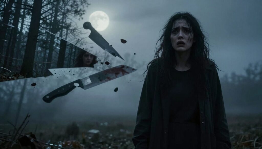A surreal interpretation of a dream about murder, capturing various emotional responses. In the foreground, a shadowy figure representing a dreamer stands, their expression a mixture of fear and confusion. In the middle ground, fragmented images of a chaotic scene unfold: flashes of dark woods, a shadowy knife, and ominous shapes that symbolize suppressed emotions. The background features a foggy landscape under a moonlit sky, enhancing the eerie atmosphere. Soft, diffused lighting casts gentle shadows, creating a sense of unease. The angle is slightly tilted, adding to the dreamlike quality. The colors are muted, with blues and grays dominating, evoking a feeling of tension and introspection surrounding the theme of aggression and inner turmoil.