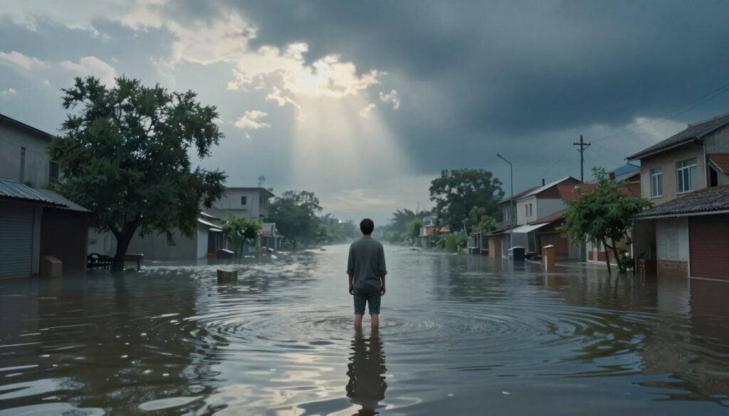 A surreal interpretation of a dream depicting a flood, capturing the emotional chaos that accompanies it. In the foreground, a lone figure in modest casual clothing stands on a submerged street, gazing at swirling waters reflecting fragmented memories and emotions. The middle ground reveals distorted buildings and trees half-immersed in water, symbolizing cultural interpretations of catastrophe. In the background, a moody sky looms, painted in hues of grey and deep blue, with shafts of soft, ethereal light breaking through clouds, creating a dreamlike atmosphere. The scene evokes a sense of introspection and disorientation, blending reality with symbolic imagery, conveying the weight of cultural symbolism associated with flood dreams. The composition should have a slightly low angle, enhancing the dramatic perspective of the overwhelming water.