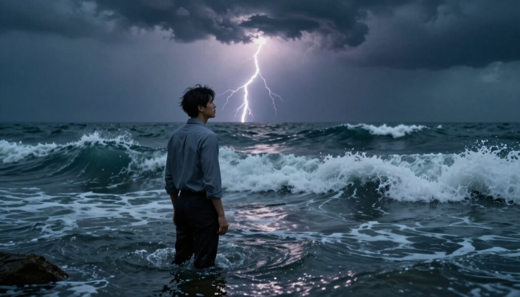A surreal interpretation of a dream theme focused on drowning, illustrating deep emotions and stress. In the foreground, a figure in professional attire stands on the edge of a turbulent ocean, gazing pensively at the waves. Their expression conveys a mix of anxiety and contemplation. The middle ground features tumultuous waters, with dark, swirling waves reflecting intense emotions, symbolizing inner turmoil. In the background, a stormy sky looms overhead, casting dramatic shadows and flickering streaks of lightning that enhance the sense of urgency and chaos. The lighting is moody and atmospheric, with stark contrasts between dark shadows and piercing light. The overall mood evokes a haunting blend of fear and introspection, capturing the essence of drowning as a metaphor for overwhelming emotions. A surreal interpretation of a dream theme focused on drowning, illustrating deep emotions and stress. In the foreground, a figure in professional attire stands on the edge of a turbulent ocean, gazing pensively at the waves. Their expression conveys a mix of anxiety and contemplation. The middle ground features tumultuous waters, with dark, swirling waves reflecting intense emotions, symbolizing inner turmoil. In the background, a stormy sky looms overhead, casting dramatic shadows and flickering streaks of lightning that enhance the sense of urgency and chaos. The lighting is moody and atmospheric, with stark contrasts between dark shadows and piercing light. The overall mood evokes a haunting blend of fear and introspection, capturing the essence of drowning as a metaphor for overwhelming emotions.
