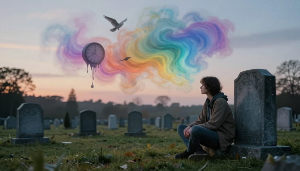 A surreal landscape depicting the emotions tied to dream interpretation. In the foreground, a solitary figure sits cross-legged on a gravestone, dressed in modest casual clothing, with a pensive expression as they gaze at a swirling mist of vibrant colors representing different emotions – tranquility, sorrow, hope, and fear – blending together. In the middle ground, ethereal dream imagery floats: clocks melting, birds soaring, and abstract symbols reflecting the subconscious mind. The background reveals a serene, twilight cemetery, bathed in soft, ethereal light, creating a contrast between peace and melancholy. Use a soft-focus lens to enhance dreamlike quality, and a low angle to elevate the solitary figure against the expansive sky, evoking introspection and a sense of emotional depth. A surreal landscape depicting the emotions tied to dream interpretation. In the foreground, a solitary figure sits cross-legged on a gravestone, dressed in modest casual clothing, with a pensive expression as they gaze at a swirling mist of vibrant colors representing different emotions – tranquility, sorrow, hope, and fear – blending together. In the middle ground, ethereal dream imagery floats: clocks melting, birds soaring, and abstract symbols reflecting the subconscious mind. The background reveals a serene, twilight cemetery, bathed in soft, ethereal light, creating a contrast between peace and melancholy. Use a soft-focus lens to enhance dreamlike quality, and a low angle to elevate the solitary figure against the expansive sky, evoking introspection and a sense of emotional depth.