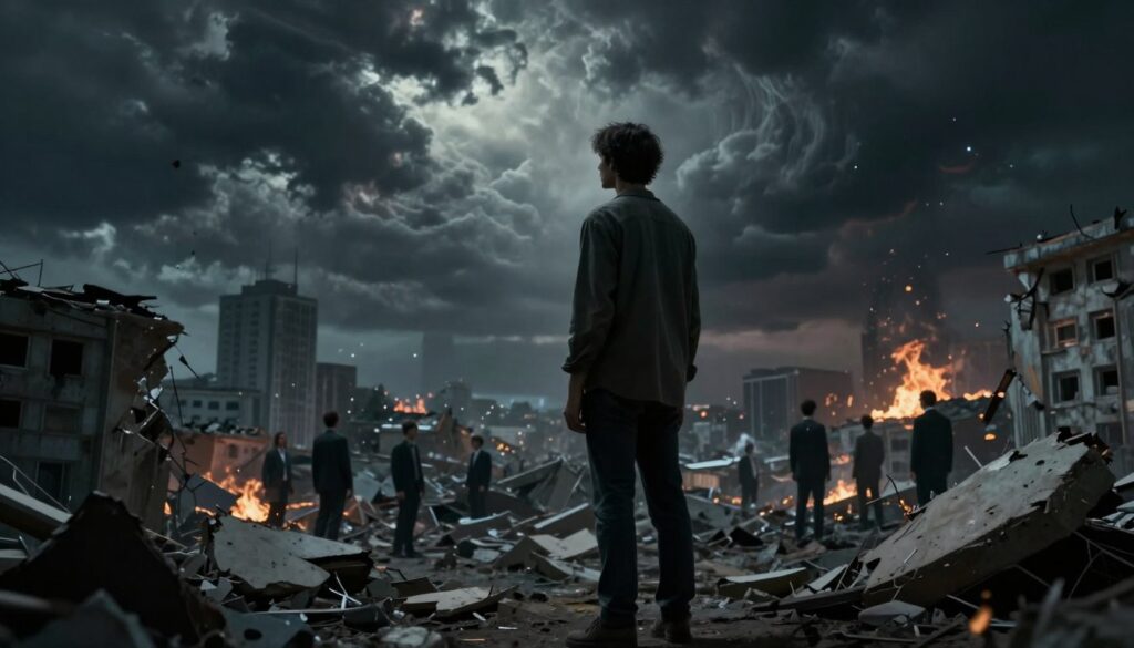 A surreal scene depicting the theme of an apocalyptic dream and its emotional significance. In the foreground, a figure stands, wearing modest casual clothing, with a somber expression, gazing at a collapsing world: shattered buildings, a dark sky filled with swirling clouds, and distant flames. In the middle ground, a city is in disarray, showcasing a blend of chaos and eerie stillness, with glimpses of people in professional business attire, adding to the contrast of calmness among turmoil. The background features a horizon that merges into dark voids and glimmers of hope, like distant stars. Use a dramatic chiaroscuro lighting to enhance emotions, with a slightly tilted angle to create a sense of unease and introspection, evoking feelings of fear and contemplation about impending change. A surreal scene depicting the theme of an apocalyptic dream and its emotional significance. In the foreground, a figure stands, wearing modest casual clothing, with a somber expression, gazing at a collapsing world: shattered buildings, a dark sky filled with swirling clouds, and distant flames. In the middle ground, a city is in disarray, showcasing a blend of chaos and eerie stillness, with glimpses of people in professional business attire, adding to the contrast of calmness among turmoil. The background features a horizon that merges into dark voids and glimmers of hope, like distant stars. Use a dramatic chiaroscuro lighting to enhance emotions, with a slightly tilted angle to create a sense of unease and introspection, evoking feelings of fear and contemplation about impending change.