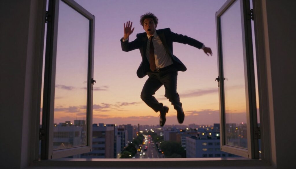 A surreal scene illustrating a person in professional business attire, seemingly suspended in mid-air as they leap out of an open window. The foreground showcases the figure, with a look of surprise and determination on their face. In the middle ground, the window frame outlines a cityscape, with buildings and streets below, creating a sense of height. The background features a vibrant sunset sky, casting warm amber and purple hues, enhancing the mood of urgency and impending change. Soft shadows highlight the character's form, while a slight blur suggests motion. The overall atmosphere reflects the tension between opportunity and loss, evoking dreams and the subconscious mind without any text or distractions.