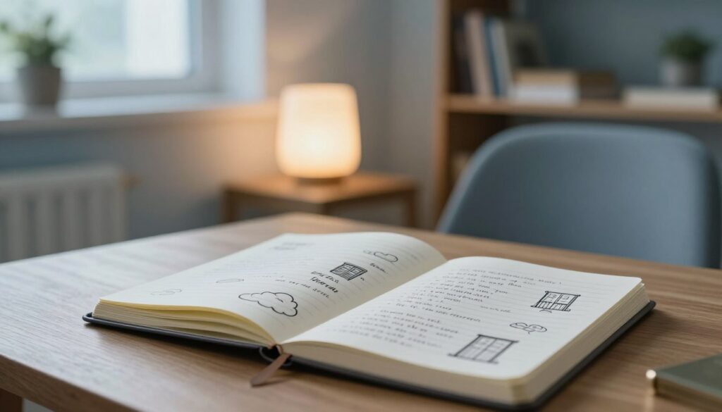 A thoughtful, serene scene illustrating practical dream interpretation tips. In the foreground, a modern, open notebook lies on a wooden table, filled with handwritten notes and dream symbols, such as clouds, doors, and balconies, all artistically drawn. A comfortable chair rests nearby, inviting introspection. In the middle ground, a softly glowing lamp casts warm light, creating a cozy atmosphere. The background features a calm, softly blurred room with shelves holding books on psychology and dream analysis. Natural light filters through a window, enhancing the tranquil mood. The overall color palette is soothing with soft blues and warm earth tones, evoking a sense of reflection and contemplation.