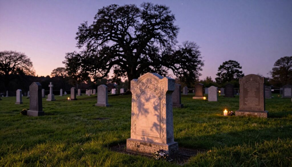 A tranquil cemetery scene at dusk, featuring intricately designed gravestones and memorials nestled among lush, verdant grass. In the foreground, a beautifully carved marble tombstone stands center-stage, adorned with delicate floral engravings, casting soft shadows in the fading light. The middle ground reveals rows of solemn monuments, each telling a silent story, some with candles flickering gently in memory of the departed. In the background, an ancient oak tree looms, its branches swaying softly in the breeze, creating a serene yet somber atmosphere. The sky transitions from soft lavender to deep indigo, dotted with the first stars of the night. Utilize warm, diffused lighting to evoke a reflective mood, and capture the scene from a low angle to emphasize the gravestones’ artistry against the expansive sky. A tranquil cemetery scene at dusk, featuring intricately designed gravestones and memorials nestled among lush, verdant grass. In the foreground, a beautifully carved marble tombstone stands center-stage, adorned with delicate floral engravings, casting soft shadows in the fading light. The middle ground reveals rows of solemn monuments, each telling a silent story, some with candles flickering gently in memory of the departed. In the background, an ancient oak tree looms, its branches swaying softly in the breeze, creating a serene yet somber atmosphere. The sky transitions from soft lavender to deep indigo, dotted with the first stars of the night. Utilize warm, diffused lighting to evoke a reflective mood, and capture the scene from a low angle to emphasize the gravestones’ artistry against the expansive sky.
