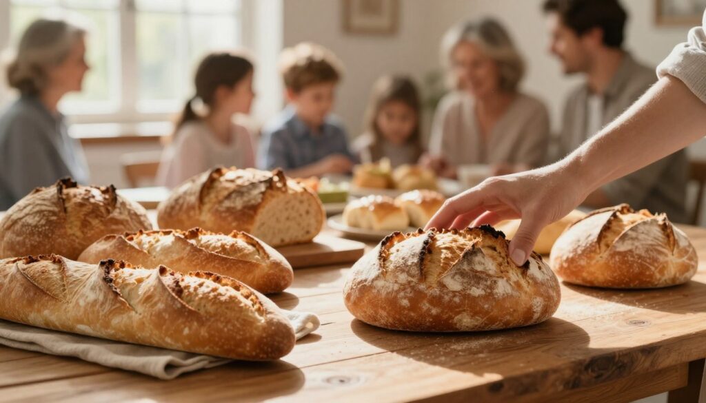 A beautifully arranged rustic wooden table featuring an array of freshly baked bread loaves, such as a crusty sourdough, golden baguettes, and soft rolls. In the foreground, a gentle hand reaches to slice a loaf, symbolizing sharing and togetherness. The middle ground has a cozy setting with warm, natural light filtering through a nearby window, illuminating the bread and casting soft shadows. In the background, a blurred family gathering scene suggests warmth and connection, enhancing the theme of family prosperity and bonds. The atmosphere is inviting and homely, evoking feelings of comfort and abundance. Use a soft focus effect to create a dreamy quality, emphasizing the importance of bread in relationships and family well-being. No text or overlays included. A beautifully arranged rustic wooden table featuring an array of freshly baked bread loaves, such as a crusty sourdough, golden baguettes, and soft rolls. In the foreground, a gentle hand reaches to slice a loaf, symbolizing sharing and togetherness. The middle ground has a cozy setting with warm, natural light filtering through a nearby window, illuminating the bread and casting soft shadows. In the background, a blurred family gathering scene suggests warmth and connection, enhancing the theme of family prosperity and bonds. The atmosphere is inviting and homely, evoking feelings of comfort and abundance. Use a soft focus effect to create a dreamy quality, emphasizing the importance of bread in relationships and family well-being. No text or overlays included.