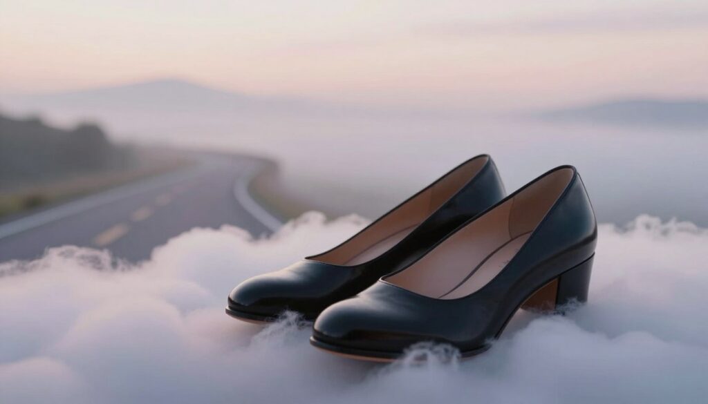 A beautifully composed scene focusing on a pair of elegant black shoes positioned prominently in the foreground, resting on a soft, dreamy cloud-like surface that suggests a dream state. The shoes, polished and reflecting a sense of sophistication, are illuminated by soft, ethereal lighting that creates gentle shadows, enhancing their features. In the middle ground, abstract, blurred representations of a travel path appear, hinting at journeys yet to be taken—roads winding through misty landscapes. The background is a serene blend of soft pastels, evoking a calm and introspective atmosphere. The overall mood should feel contemplative and enchanting, inviting the viewer to ponder the deeper meanings of dreams and travel symbolism. No text, logos, or any distractions present.