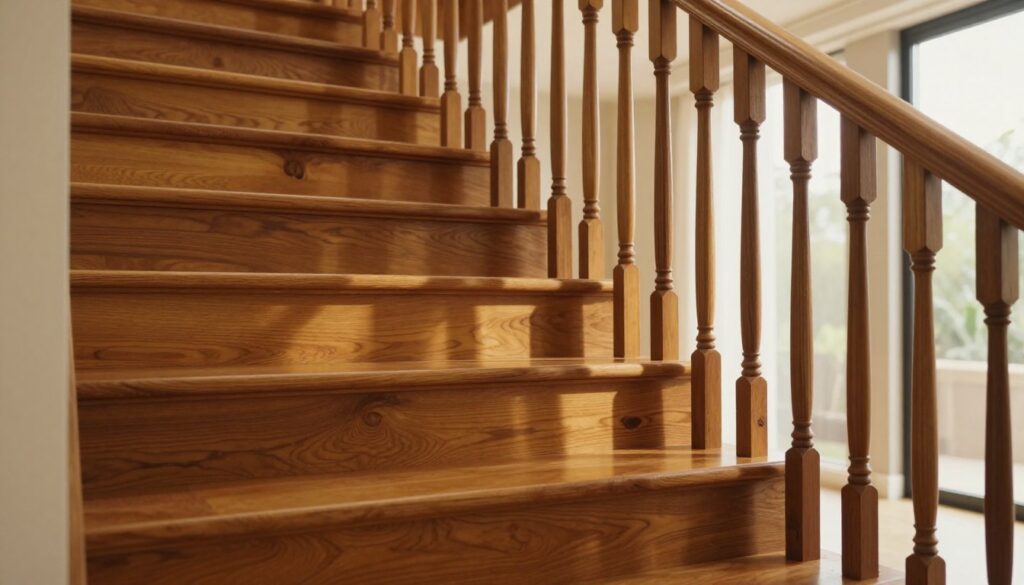 A beautifully crafted staircase made of rich, polished wood, showcasing intricate carvings that symbolize growth and progression. The foreground features the steps, exuding warmth and inviting the viewer to ascend. In the middle ground, a subtle play of light casts soft shadows, highlighting the natural grains of the wood and the elegant handrail. The background reveals a softly blurred, serene interior, with hints of nature visible through large windows, suggesting openness and possibility. The lighting is warm and golden, creating an inspiring and reflective atmosphere. The angle captures the staircase from a slightly elevated perspective, emphasizing its grandeur and the depth of the space.