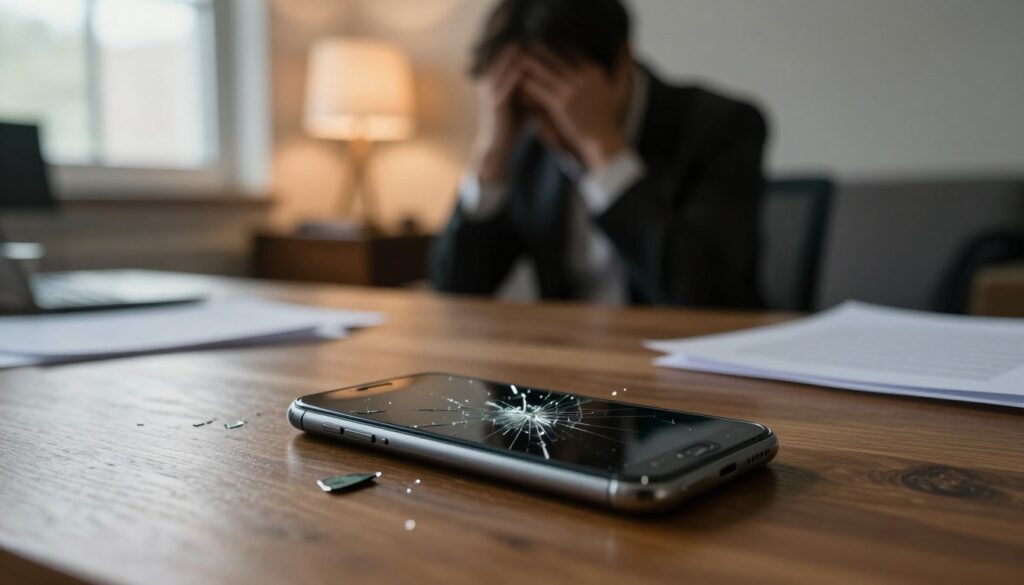 A broken smartphone lies shattered on a wooden table, its cracked screen reflecting soft, warm light that filters through a nearby window. This foreground scene conveys a sense of disturbance and loss. In the middle ground, a blurred silhouette of a person sits with their head in their hands, dressed in professional attire, embodying frustration and helplessness. The background showcases a cozy but chaotic room, with scattered papers and a dimly lit lamp, enhancing the atmosphere of confusion and communication breakdown. The overall mood is one of introspection and tension, suggesting deeper issues in interpersonal connections. Capture this poignant moment with a high depth of field and natural lighting to emphasize the emotion of the scene.