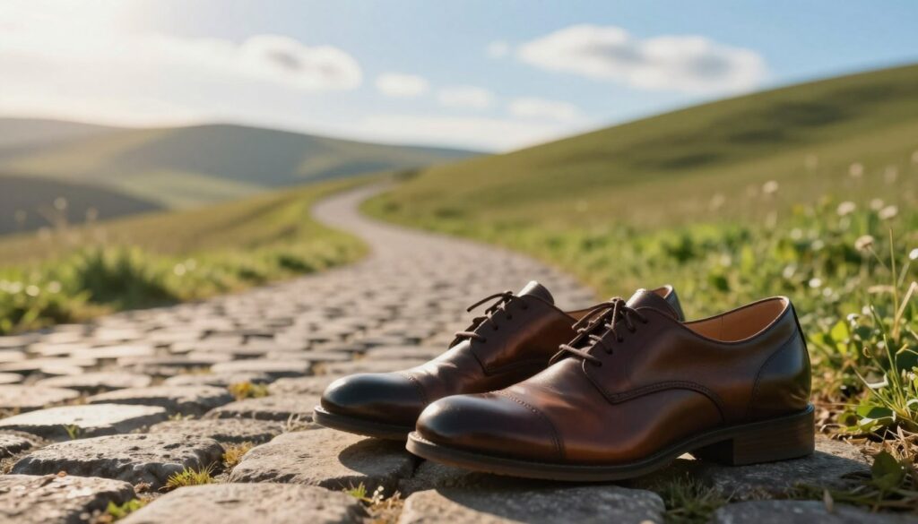 A close-up view of a pair of brand new, sleek shoes resting on a cobblestone path that winds through a lush, serene landscape, symbolizing a dream of journey and exploration. The foreground features the shiny shoes in polished leather, catching soft sunlight. In the middle ground, a blurred image of a winding pathway inviting travelers to new adventures. The background showcases distant rolling hills under a bright blue sky with wispy clouds, evoking a sense of freedom and potential. The lighting is warm and inviting, suggesting a morning or late afternoon glow, creating an uplifting atmosphere that reflects the concept of new beginnings. Focus on a soft depth of field to emphasize the shoes as the central element.
