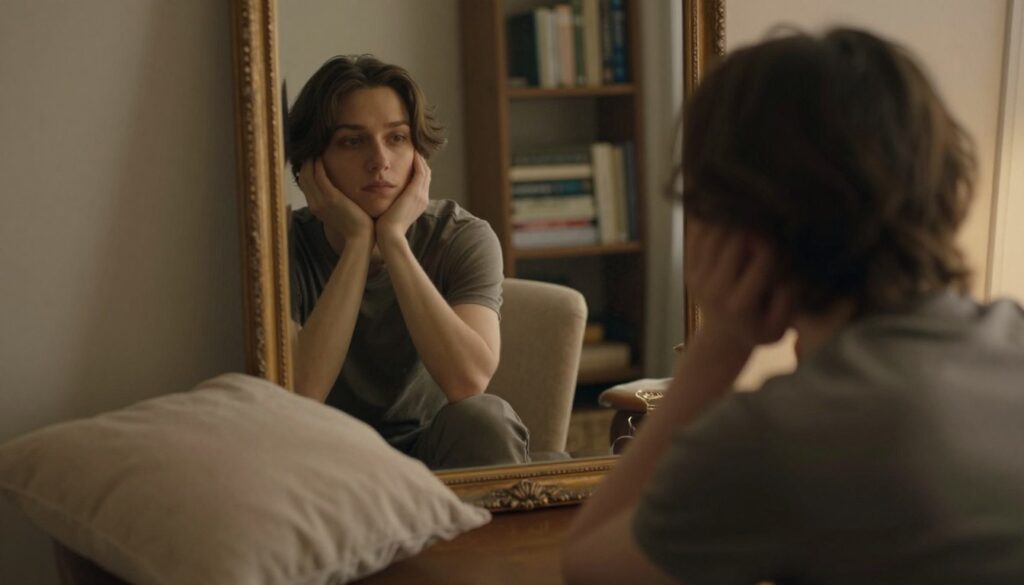 A contemplative individual seated in a serene, softly lit room, deep in self-reflection. The foreground captures their thoughtful expression, highlighting gentle features with warm, inviting lighting that casts subtle shadows. In the middle, a large, ornate mirror reflects the individual, suggesting introspection and self-discovery. Soft pillows and a cozy chair create a comfortable atmosphere, inviting the viewer into the moment. The background features a blurred bookshelf filled with self-help books, enhancing the theme of autoanalysis and personal growth. The overall mood is calm and introspective, encouraging a sense of connection with oneself. The composition is framed using a slight overhead angle to emphasize the subject's gaze towards the mirror. A contemplative individual seated in a serene, softly lit room, deep in self-reflection. The foreground captures their thoughtful expression, highlighting gentle features with warm, inviting lighting that casts subtle shadows. In the middle, a large, ornate mirror reflects the individual, suggesting introspection and self-discovery. Soft pillows and a cozy chair create a comfortable atmosphere, inviting the viewer into the moment. The background features a blurred bookshelf filled with self-help books, enhancing the theme of autoanalysis and personal growth. The overall mood is calm and introspective, encouraging a sense of connection with oneself. The composition is framed using a slight overhead angle to emphasize the subject's gaze towards the mirror.