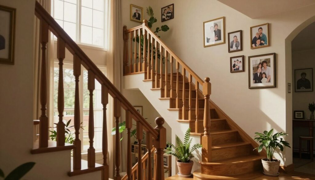 A cozy home interior featuring a beautifully designed staircase as the central focus. In the foreground, a wooden staircase with intricate railings, leading upwards into a warm, inviting space. The middle section includes potted plants and framed family photos on the walls, enhancing the homely atmosphere. In the background, soft, natural light filters through large windows, casting gentle shadows and creating a serene ambiance. The color palette consists of warm earth tones, enriching the environment with a sense of comfort and stability. Capture this scene with a slightly elevated angle, emphasizing the relationship between the staircase and its surroundings, conveying a sense of daily life, connection, and the symbolic journey of moving between different levels of the home.