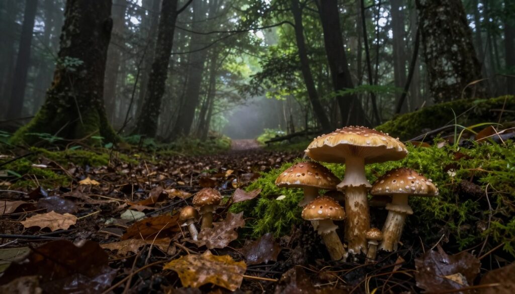 A dark, dense forest setting under soft, dappled sunlight filtering through the canopy. In the foreground, a variety of mushrooms, including some that look toxic, are clustered on the forest floor surrounded by fallen leaves and green moss. The middle ground features a faint path leading deeper into the woods, lined with shadowy trees creating an air of mystery. The background shows a veil of fog gently rolling through the trees, adding an eerie atmosphere. The overall color palette is rich with earth tones—deep greens, browns, and muted yellows. The scene conveys a sense of intrigue and caution, highlighting the dual nature of mushrooms as both a delicacy and a potential danger. A dark, dense forest setting under soft, dappled sunlight filtering through the canopy. In the foreground, a variety of mushrooms, including some that look toxic, are clustered on the forest floor surrounded by fallen leaves and green moss. The middle ground features a faint path leading deeper into the woods, lined with shadowy trees creating an air of mystery. The background shows a veil of fog gently rolling through the trees, adding an eerie atmosphere. The overall color palette is rich with earth tones—deep greens, browns, and muted yellows. The scene conveys a sense of intrigue and caution, highlighting the dual nature of mushrooms as both a delicacy and a potential danger.
