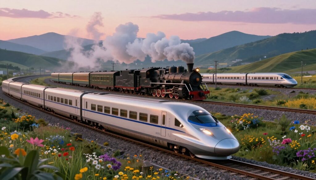 A detailed depiction of various types of trains in a dreamlike landscape, showcasing their symbolic meanings. In the foreground, a sleek high-speed train with a shiny metallic surface glides smoothly over shimmering tracks. In the middle ground, a vintage steam locomotive puffs out soft clouds of steam, surrounded by rolling hills and vibrant wildflowers. In the background, a tranquil scene of a scenic railway and distant mountains under a pastel sunset sky. Utilize soft, ethereal lighting to create a surreal atmosphere, with warm glows illuminating the trains and creating a sense of wonder. The overall mood should be one of reflection and adventure, evoking a journey through dreams and new directions. No text or watermarks should be present. A detailed depiction of various types of trains in a dreamlike landscape, showcasing their symbolic meanings. In the foreground, a sleek high-speed train with a shiny metallic surface glides smoothly over shimmering tracks. In the middle ground, a vintage steam locomotive puffs out soft clouds of steam, surrounded by rolling hills and vibrant wildflowers. In the background, a tranquil scene of a scenic railway and distant mountains under a pastel sunset sky. Utilize soft, ethereal lighting to create a surreal atmosphere, with warm glows illuminating the trains and creating a sense of wonder. The overall mood should be one of reflection and adventure, evoking a journey through dreams and new directions. No text or watermarks should be present.