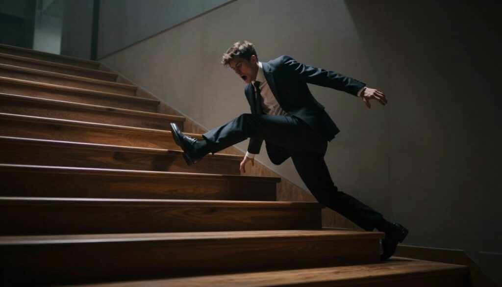 A dramatic scene depicting the concept of falling down stairs, symbolizing danger and loss of control. In the foreground, a pair of polished wooden stairs leads downwards, slightly askew as if someone has just tripped. A shadowy figure in professional business attire tumbles down, captured mid-motion with an expression of shock. The middle ground features a blurred background of a dimly lit interior with soft, contrasting lighting that highlights the stairs and the figure, creating a sense of urgency. The atmosphere is tense and foreboding, with deep shadows and muted colors that evoke a feeling of anxiety. The angle of the shot is low, emphasizing the steepness of the stairs, making the viewer feel the impending fall.
