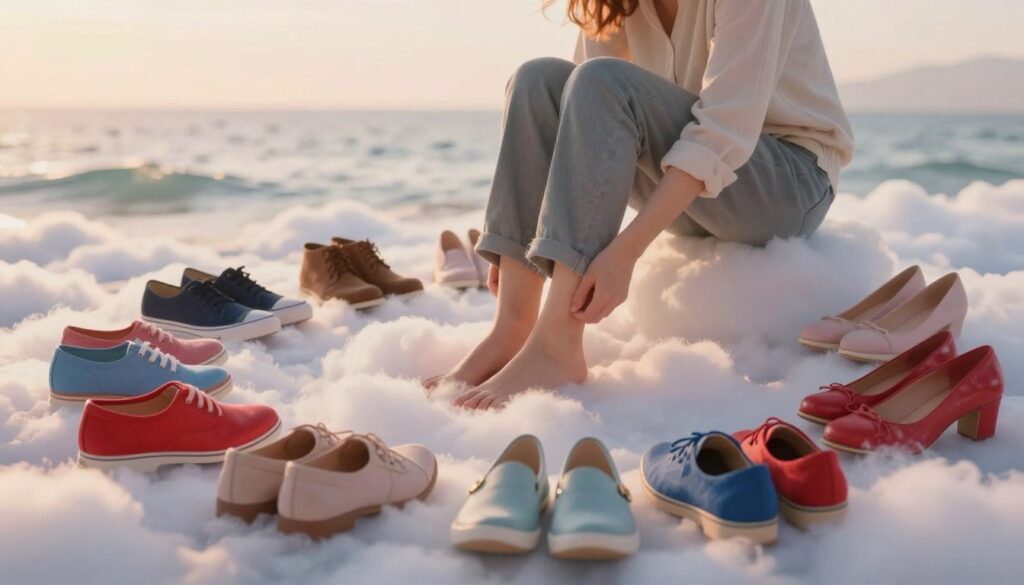 A dreamlike scene depicting a person trying on various pairs of shoes in a soft, ethereal environment. In the foreground, the individual, dressed in modest casual clothing, sits on a plush, cloud-like surface, surrounded by a vibrant array of shoes symbolizing different journeys. The colors of the shoes are diverse, ranging from bright reds and blues to soft pastels, each pair reflecting unique paths. In the middle ground, a dreamy landscape blends seamlessly with flowing waves of light, symbolizing introspection and self-discovery. The background features a soft, blurred horizon, evoking a sense of limitless possibilities. The lighting is warm and inviting, with gentle rays illuminating the scene, creating a tranquil and reflective mood, like exploring one's thoughts through dreams.
