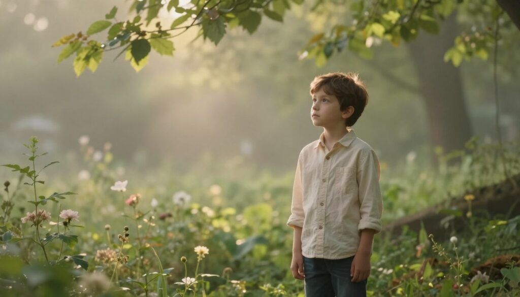 A dreamlike scene depicting a young, unknown boy standing in a soft, ethereal forest glade. In the foreground, he gazes thoughtfully into the distance, with delicate light filtering through the leaves above, casting dappled shadows. His attire is modest, a light, pastel-colored button-up shirt and dark jeans, suggesting an air of innocence and warmth. In the middle ground, lush greenery surrounds him, with flowers gently swaying, symbolizing the yearning for love and companionship. The background fades into a misty expanse, creating a dreamy atmosphere. The overall mood is melancholic yet hopeful, evoking a sense of longing and mystery. Soft, warm lighting enhances the ethereal qualities, making it feel like a moment suspended between dreams and reality.