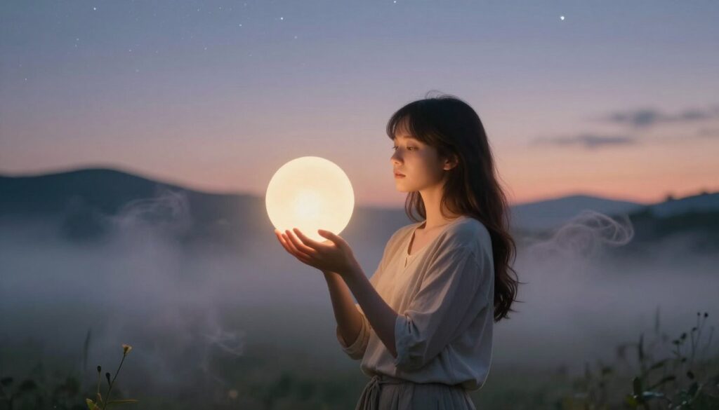 A dreamlike scene depicting a young woman standing in a serene, ethereal environment that symbolizes the significance of dreams in daily life. In the foreground, the woman, dressed in modest casual clothing, gazes thoughtfully at a soft, glowing orb representing her aspirations and the meanings behind her dreams. In the middle ground, delicate wisps of mist swirl around her, creating an enchanting atmosphere that evokes introspection. In the background, a tranquil landscape with gentle hills and a twilight sky filled with stars reflects the transition from the dream world to reality. The lighting is soft and luminous, casting a warm glow that enhances the dreamlike quality. The overall mood should be contemplative and inspiring, inviting viewers to reflect on the importance of dreams in understanding their waking lives. A dreamlike scene depicting a young woman standing in a serene, ethereal environment that symbolizes the significance of dreams in daily life. In the foreground, the woman, dressed in modest casual clothing, gazes thoughtfully at a soft, glowing orb representing her aspirations and the meanings behind her dreams. In the middle ground, delicate wisps of mist swirl around her, creating an enchanting atmosphere that evokes introspection. In the background, a tranquil landscape with gentle hills and a twilight sky filled with stars reflects the transition from the dream world to reality. The lighting is soft and luminous, casting a warm glow that enhances the dreamlike quality. The overall mood should be contemplative and inspiring, inviting viewers to reflect on the importance of dreams in understanding their waking lives.