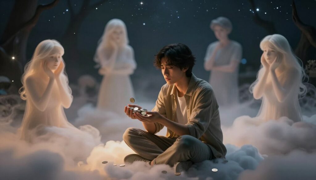 A dreamlike scene depicting emotions associated with money, showcasing the duality of safety and uncertainty. In the foreground, a person in modest casual clothing sits on a cloud, holding shimmering coins that reflect light, symbolizing wealth. The middle layer features ethereal figures representing various emotions: joy, anxiety, and contemplation, floating around amidst softly swirling mist. The background consists of an expansive night sky dotted with stars, representing dreams and aspirations, contrasted by shadowy, ominous shapes that evoke feelings of instability. Soft, warm lighting illuminates the scene, creating a serene yet slightly tense atmosphere, with a focus on the person's expression that oscillates between hope and worry, all captured with a soft lens to enhance the dreamy effect. A dreamlike scene depicting emotions associated with money, showcasing the duality of safety and uncertainty. In the foreground, a person in modest casual clothing sits on a cloud, holding shimmering coins that reflect light, symbolizing wealth. The middle layer features ethereal figures representing various emotions: joy, anxiety, and contemplation, floating around amidst softly swirling mist. The background consists of an expansive night sky dotted with stars, representing dreams and aspirations, contrasted by shadowy, ominous shapes that evoke feelings of instability. Soft, warm lighting illuminates the scene, creating a serene yet slightly tense atmosphere, with a focus on the person's expression that oscillates between hope and worry, all captured with a soft lens to enhance the dreamy effect.