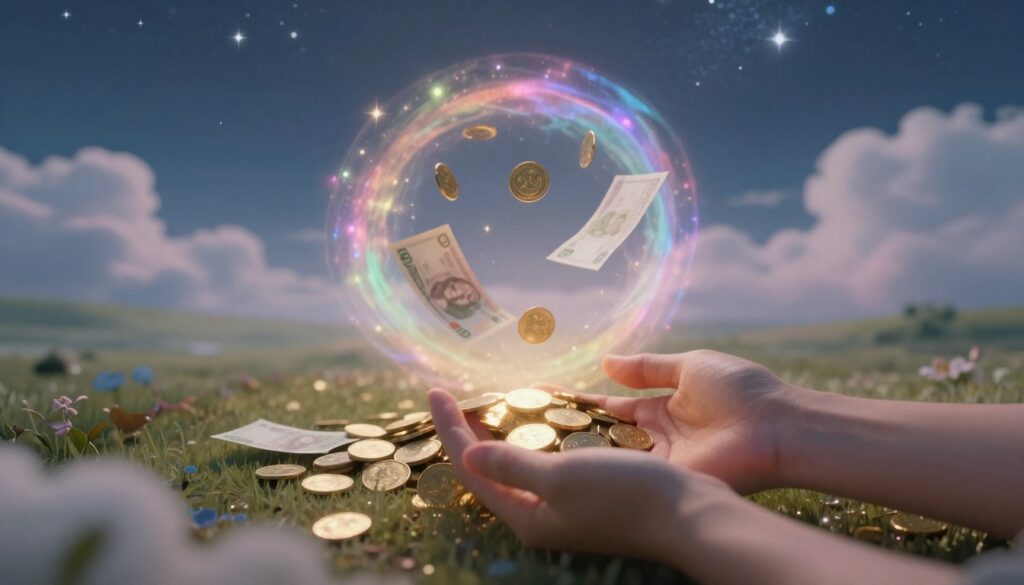 A dreamlike scene depicting the moment of discovering money in a serene, surreal landscape. In the foreground, a pair of hands gently reaches for a pile of shimmering gold coins and a few scattered banknotes glimmering under soft, ethereal light. In the middle ground, a hazy, colorful aura encircles the money, creating a sense of wonder and allure, while soft clouds float lazily around. The background features a tranquil night sky filled with twinkling stars, emphasizing the dream state. The mood is magical and hopeful, evoking feelings of prosperity and abundance. The lighting is soft, casting a warm glow, and the entire scene is captured with a wide-angle lens to enhance the expansive, dreamlike quality of the space. A dreamlike scene depicting the moment of discovering money in a serene, surreal landscape. In the foreground, a pair of hands gently reaches for a pile of shimmering gold coins and a few scattered banknotes glimmering under soft, ethereal light. In the middle ground, a hazy, colorful aura encircles the money, creating a sense of wonder and allure, while soft clouds float lazily around. The background features a tranquil night sky filled with twinkling stars, emphasizing the dream state. The mood is magical and hopeful, evoking feelings of prosperity and abundance. The lighting is soft, casting a warm glow, and the entire scene is captured with a wide-angle lens to enhance the expansive, dreamlike quality of the space.