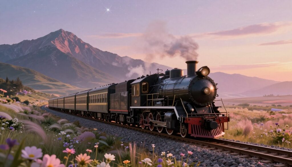 A dreamlike scene featuring a train gliding through a surreal landscape. In the foreground, depict the locomotive with intricate details, showcasing steam billowing and soft glimmers of light reflecting off its polished surface. The middle ground presents a winding railway track, lined with ethereal flowers and gently swaying grass, leading towards a horizon painted with soft pastel colors. In the background, majestic mountains loom under a twilight sky filled with shimmering stars, creating a sense of wonder and exploration. The overall atmosphere is serene and contemplative, inviting viewers to ponder the meaning of life's journeys. The lighting should be warm and inviting, simulating golden hour to evoke feelings of nostalgia and hope, captured with a slightly elevated angle to enhance the depth and beauty of the scene. A dreamlike scene featuring a train gliding through a surreal landscape. In the foreground, depict the locomotive with intricate details, showcasing steam billowing and soft glimmers of light reflecting off its polished surface. The middle ground presents a winding railway track, lined with ethereal flowers and gently swaying grass, leading towards a horizon painted with soft pastel colors. In the background, majestic mountains loom under a twilight sky filled with shimmering stars, creating a sense of wonder and exploration. The overall atmosphere is serene and contemplative, inviting viewers to ponder the meaning of life's journeys. The lighting should be warm and inviting, simulating golden hour to evoke feelings of nostalgia and hope, captured with a slightly elevated angle to enhance the depth and beauty of the scene.