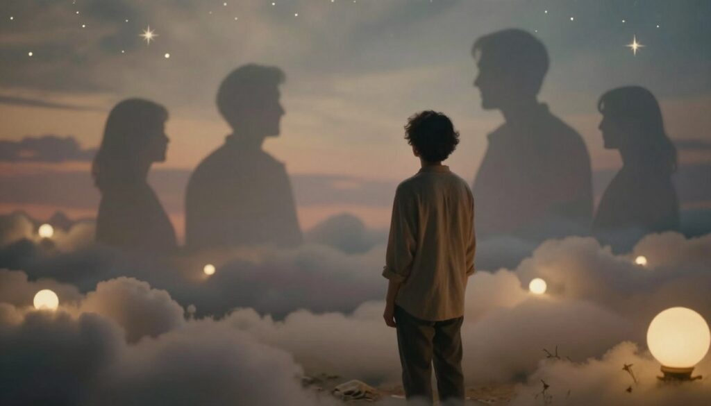 A dreamscape depicting a serene and introspective moment where a person encounters old friends from the past. In the foreground, a figure dressed in modest casual clothing stands contemplatively, surrounded by softly glowing orbs of light that symbolize memories. In the middle ground, silhouettes of familiar faces appear, gently smiling, evoking nostalgia and warmth. The background showcases a blurred, ethereal landscape of softly colored clouds and twinkling stars, suggesting a dreamlike state. The lighting is soft and warm, creating an inviting atmosphere. The composition should be intimate, with a slight tilt to the angle, emphasizing the emotional weight of the encounter. The scene captures a sense of reflection and the significance of past connections in dreams.