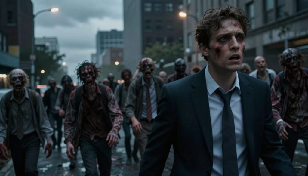 A dreamscape depicting an urban environment riddled with zombies, symbolizing everyday anxieties and struggles. In the foreground, a close-up of an individual in professional attire, displaying a mixture of fear and determination as they navigate through a chaotic scene. The middle ground features a crowd of zombies with a variety of expressions, each representing different societal pressures and challenges, such as financial stress and social isolation. The background showcases a dimly lit cityscape under a cloudy sky, with flickering streetlights casting eerie shadows. The atmosphere is tense and surreal, evoking a sense of impending doom balanced with a glimmer of hope, highlighting the contrast between the nightmare of zombie apocalypses and real-life concerns. Soft, moody lighting and a slightly tilted angle enhance the unsettling feeling. A dreamscape depicting an urban environment riddled with zombies, symbolizing everyday anxieties and struggles. In the foreground, a close-up of an individual in professional attire, displaying a mixture of fear and determination as they navigate through a chaotic scene. The middle ground features a crowd of zombies with a variety of expressions, each representing different societal pressures and challenges, such as financial stress and social isolation. The background showcases a dimly lit cityscape under a cloudy sky, with flickering streetlights casting eerie shadows. The atmosphere is tense and surreal, evoking a sense of impending doom balanced with a glimmer of hope, highlighting the contrast between the nightmare of zombie apocalypses and real-life concerns. Soft, moody lighting and a slightly tilted angle enhance the unsettling feeling.