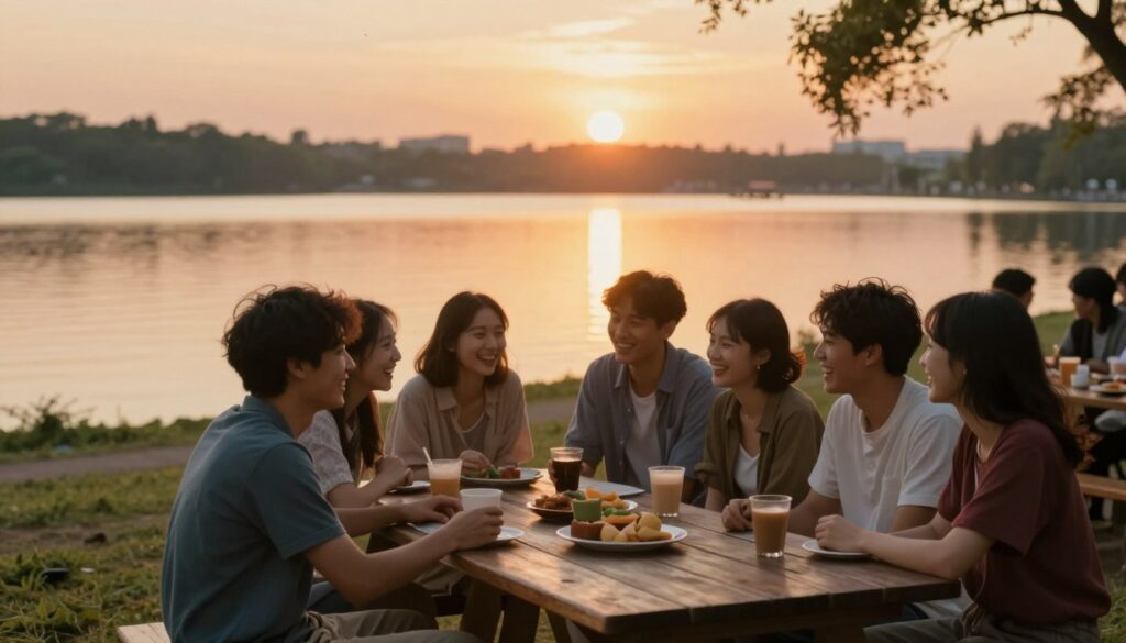 A dreamy, nostalgic scene representing the symbol of dreams about old friends. In the foreground, a group of diverse friends laughing and sharing stories around a wooden picnic table, dressed in modest casual clothing. The middle ground transitions to soft, hazy memories capturing moments of friendship, like a school playground or a café. In the background, a serene sunset casts warm, golden light across a tranquil lake, reflecting the peaceful past. The atmosphere should feel warm and reflective, evoking a sense of longing and cherished memories. Use a soft focus lens with gentle lighting to enhance the dreamlike quality, emphasizing the emotions of nostalgia and connection without any text or distractions in the image.