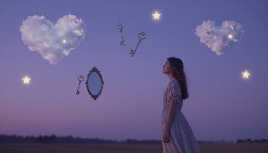 A dreamy, surreal landscape depicting various dream scenarios, symbolizing different interpretations of dreams about a girl who is admired. In the foreground, an ethereal figure representing a girl in a modest, flowing dress, gazing contemplatively into the distance. In the middle ground, various dream elements such as floating clouds shaped like hearts, softly glowing stars, and symbolic representations like a key, a mirror, and a butterfly. The background features a twilight sky blending shades of purple and blue, with a serene, starry atmosphere. Soft, ambient lighting casts a gentle glow, enhancing the mood of introspection and wonder. The composition invites viewers into a dreamlike journey of exploration and self-discovery, evoking a sense of curiosity and intrigue. A dreamy, surreal landscape depicting various dream scenarios, symbolizing different interpretations of dreams about a girl who is admired. In the foreground, an ethereal figure representing a girl in a modest, flowing dress, gazing contemplatively into the distance. In the middle ground, various dream elements such as floating clouds shaped like hearts, softly glowing stars, and symbolic representations like a key, a mirror, and a butterfly. The background features a twilight sky blending shades of purple and blue, with a serene, starry atmosphere. Soft, ambient lighting casts a gentle glow, enhancing the mood of introspection and wonder. The composition invites viewers into a dreamlike journey of exploration and self-discovery, evoking a sense of curiosity and intrigue.
