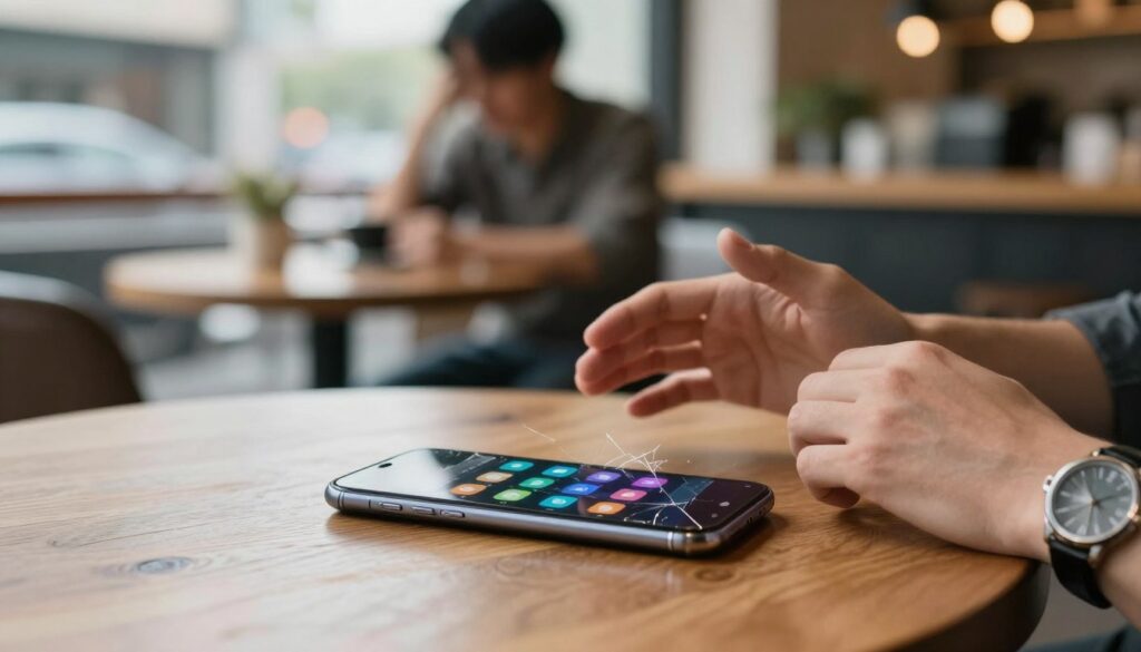 A fragmented smartphone lies on a wooden table, its cracked screen reflecting a chaotic array of colorful notifications and messages, symbolizing communication breakdowns in daily life. In the foreground, a pair of hands, one wearing a formal watch, hover uncertainly above the device, illustrating frustration and confusion. In the middle ground, a blurred figure sits at a nearby café table, their face obscured as they look away, representing disconnection and misunderstanding. Soft natural light filters through a window, casting gentle shadows, creating a warm yet somber mood. The background features blurred elements of a bustling café, emphasizing the contrast between the vibrant social environment and the isolation felt by the individuals.