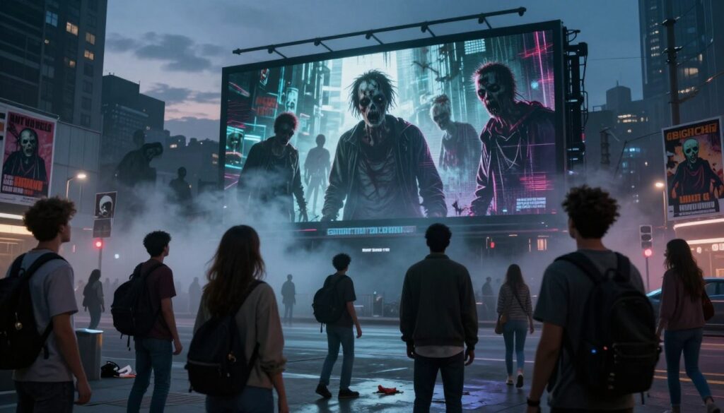 A haunting urban scene at twilight, showcasing the blurred boundaries between reality and nightmares influenced by media. In the foreground, a group of diverse individuals, dressed in modern casual clothing, gaze at a massive digital billboard displaying a zombie apocalypse film scene, with shadows flickering ominously on their faces. The middle layer reveals a dimly lit city street littered with zombie-themed posters and discarded paraphernalia, enhancing the sense of unease. In the background, ghostly silhouettes of zombies emerge from the fog, blending into the cityscape. Soft, eerie lighting casts long shadows, and a low angle captures the tension in the scene. The atmosphere is thick with dread and curiosity, reflecting the cultural impact of horror media on dreams. A haunting urban scene at twilight, showcasing the blurred boundaries between reality and nightmares influenced by media. In the foreground, a group of diverse individuals, dressed in modern casual clothing, gaze at a massive digital billboard displaying a zombie apocalypse film scene, with shadows flickering ominously on their faces. The middle layer reveals a dimly lit city street littered with zombie-themed posters and discarded paraphernalia, enhancing the sense of unease. In the background, ghostly silhouettes of zombies emerge from the fog, blending into the cityscape. Soft, eerie lighting casts long shadows, and a low angle captures the tension in the scene. The atmosphere is thick with dread and curiosity, reflecting the cultural impact of horror media on dreams.