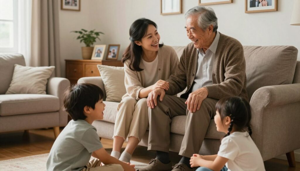 A heartfelt scene of an elderly grandfather sitting on a cozy armchair, surrounded by his loving family. In the foreground, the grandfather, dressed in a warm cardigan, shares a joyful moment with his grandchildren who are laughing and playing at his feet. In the middle, a daughter or granddaughter sits beside him, looking at him with admiration, illustrating a bridge between generations. The background should feature a softly lit living room, with family photos and warm colors creating an inviting atmosphere. Soft, natural light filters through a window, enhancing the warmth and intimacy of the moment. The overall mood is one of love, wisdom, and cherished family bonds, emphasizing the significance of relationships.