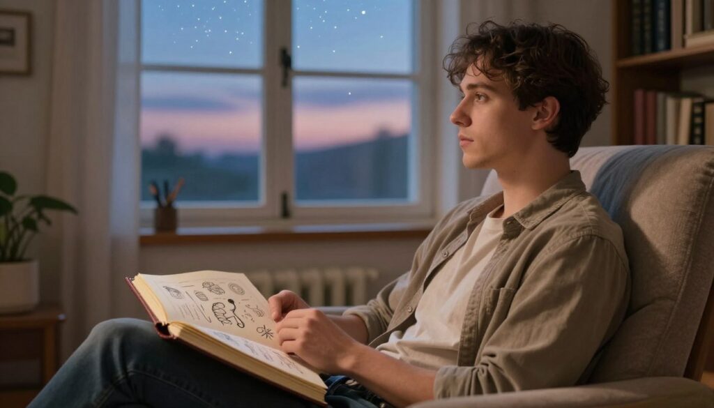 A serene and contemplative dream interpretation scene, featuring a young man in casual yet modest attire, seated on a comfortable armchair in a softly lit room. The foreground shows an ornate dream journal open on his lap, with delicate sketches of abstract dream symbols. In the middle, a large window reveals a twilight sky with stars beginning to twinkle, casting a magical glow throughout the space. The background hints at shelves filled with psychology books and dream analysis tools, emphasizing the theme of psychological aspects of dreaming. The atmosphere is tranquil and introspective, with warm lighting creating a cozy ambience, inviting viewers to reflect on the mysteries of dreams and longing for love.