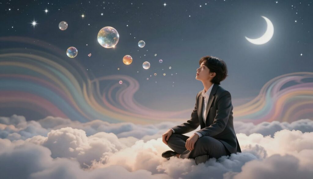 A serene and ethereal dreamscape representing the emotional interpretation of dreams. In the foreground, a thoughtful individual sits cross-legged on a soft, billowing cloud, dressed in professional business attire, gazing thoughtfully at shimmering fragments of dreams represented as colorful, translucent orbs floating around. The middle background features swirling, abstract patterns intermingling with soft pastel colors, embodying various emotions like joy, fear, and nostalgia. The distant background showcases a tranquil night sky filled with twinkling stars and a crescent moon, casting gentle, silver light. The overall atmosphere is calm and introspective, evoking a sense of exploration and self-discovery, captured with soft focus and warm lighting for a dreamlike quality. A serene and ethereal dreamscape representing the emotional interpretation of dreams. In the foreground, a thoughtful individual sits cross-legged on a soft, billowing cloud, dressed in professional business attire, gazing thoughtfully at shimmering fragments of dreams represented as colorful, translucent orbs floating around. The middle background features swirling, abstract patterns intermingling with soft pastel colors, embodying various emotions like joy, fear, and nostalgia. The distant background showcases a tranquil night sky filled with twinkling stars and a crescent moon, casting gentle, silver light. The overall atmosphere is calm and introspective, evoking a sense of exploration and self-discovery, captured with soft focus and warm lighting for a dreamlike quality.