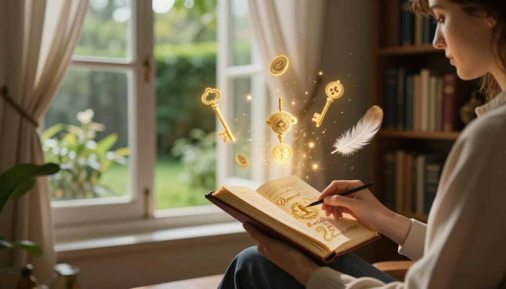 A serene and thoughtful scene depicting the concept of dream interpretation, focusing on practical methods. In the foreground, a well-dressed individual examines a dream journal with golden imagery, symbolizing wealth and success. Surrounding them are floating ethereal dream symbols like keys, feathers, and coins softly illuminated by warm, golden light. The middle ground features an open window with gentle curtains billowing, showcasing a tranquil garden filled with lush greenery, representing growth and potential. In the background, a soft-focus bookshelf filled with books on psychology and dream analysis adds depth and context. The overall atmosphere is calm and introspective, evoking a sense of discovery and understanding, with soft natural lighting creating a peaceful ambiance. A serene and thoughtful scene depicting the concept of dream interpretation, focusing on practical methods. In the foreground, a well-dressed individual examines a dream journal with golden imagery, symbolizing wealth and success. Surrounding them are floating ethereal dream symbols like keys, feathers, and coins softly illuminated by warm, golden light. The middle ground features an open window with gentle curtains billowing, showcasing a tranquil garden filled with lush greenery, representing growth and potential. In the background, a soft-focus bookshelf filled with books on psychology and dream analysis adds depth and context. The overall atmosphere is calm and introspective, evoking a sense of discovery and understanding, with soft natural lighting creating a peaceful ambiance.