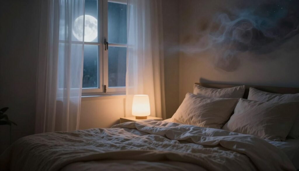 A serene bedroom scene illustrating the impact of sleep conditions on dream recall. In the foreground, a cozy bed with soft, inviting pillows and a warm, heavy blanket suggests comfort. A gently glowing bedside lamp casts a soft, soothing light, enhancing a tranquil atmosphere. The middle ground features an open window with sheer curtains gently billowing, letting in moonlight and a cool breeze, symbolizing the connection between the environment and dreaming. In the background, dreamlike abstract shapes blend with the night sky, representing memories and the subconscious mind. The ambiance is calm and introspective, evoking a sense of peaceful sleep and the mystery of dreams. Use a soft focus lens effect to enhance the dreamlike quality of the scene, capturing an ethereal mood. A serene bedroom scene illustrating the impact of sleep conditions on dream recall. In the foreground, a cozy bed with soft, inviting pillows and a warm, heavy blanket suggests comfort. A gently glowing bedside lamp casts a soft, soothing light, enhancing a tranquil atmosphere. The middle ground features an open window with sheer curtains gently billowing, letting in moonlight and a cool breeze, symbolizing the connection between the environment and dreaming. In the background, dreamlike abstract shapes blend with the night sky, representing memories and the subconscious mind. The ambiance is calm and introspective, evoking a sense of peaceful sleep and the mystery of dreams. Use a soft focus lens effect to enhance the dreamlike quality of the scene, capturing an ethereal mood.